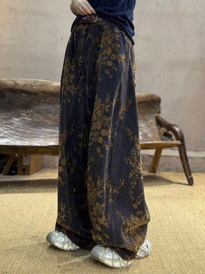 Women Autumn Retro Flower 100%Cotton Wide-leg Pants