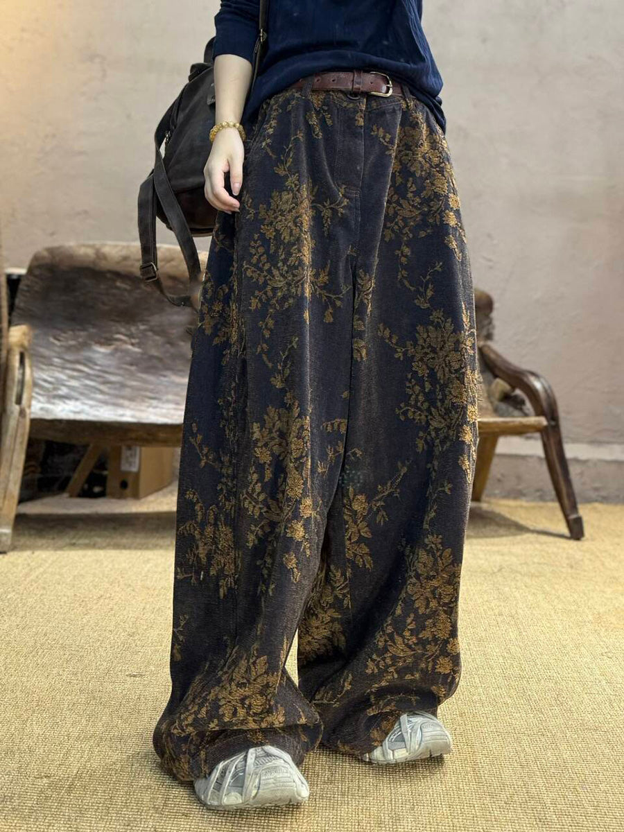Women Autumn Retro Flower 100%Cotton Wide-leg Pants
