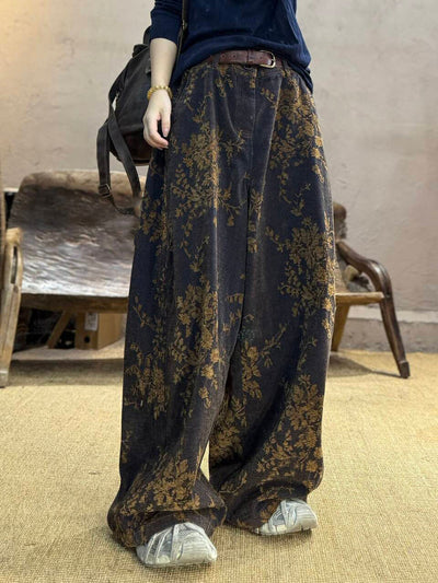 Women Autumn Retro Flower 100%Cotton Wide-leg Pants
