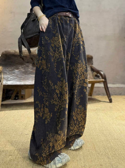 Women Autumn Retro Flower 100%Cotton Wide-leg Pants