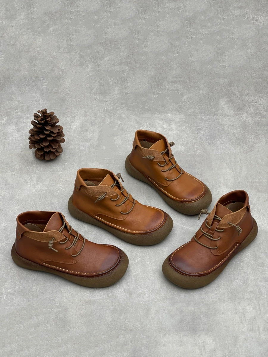 Women Vintage Genuine Leather Spliced Flat Ankle Boots