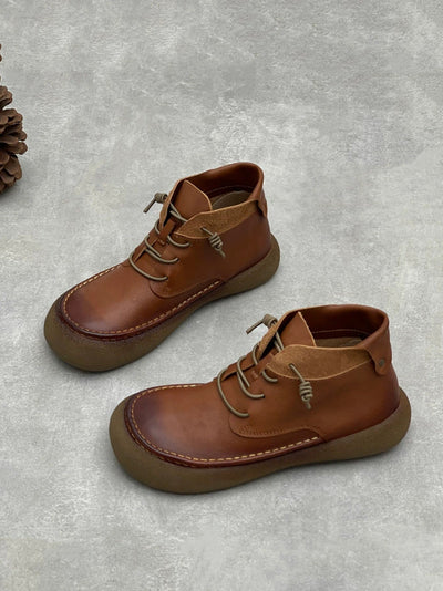 Women Vintage Genuine Leather Spliced Flat Ankle Boots