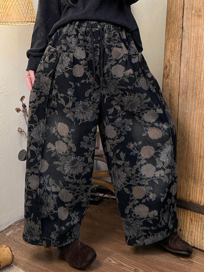 Women Winter Retro Flower Fleece-lined Harem Pants