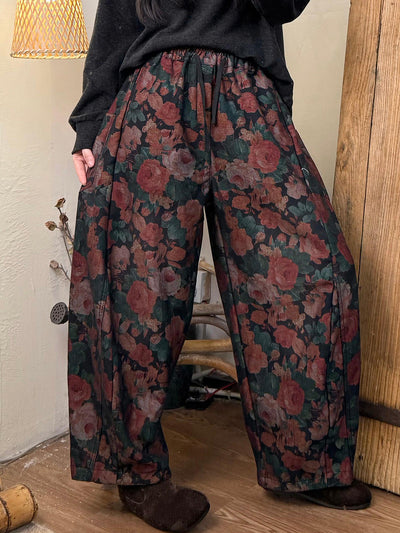 Women Winter Retro Flower Fleece-lined Harem Pants