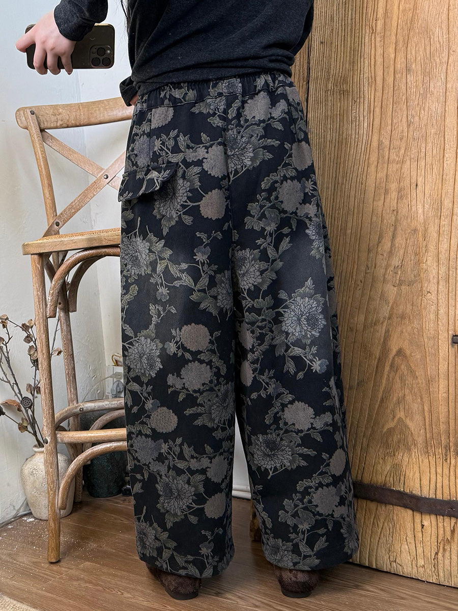 Women Winter Retro Flower Fleece-lined Harem Pants