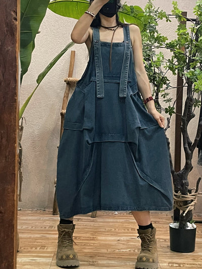 Women Autumn Pure Color Loose Denim Overall Dress