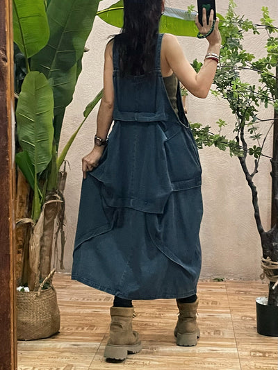 Women Autumn Pure Color Loose Denim Overall Dress