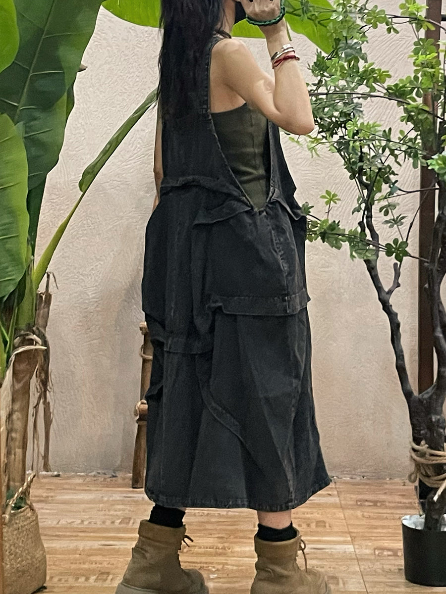 Women Autumn Pure Color Loose Denim Overall Dress