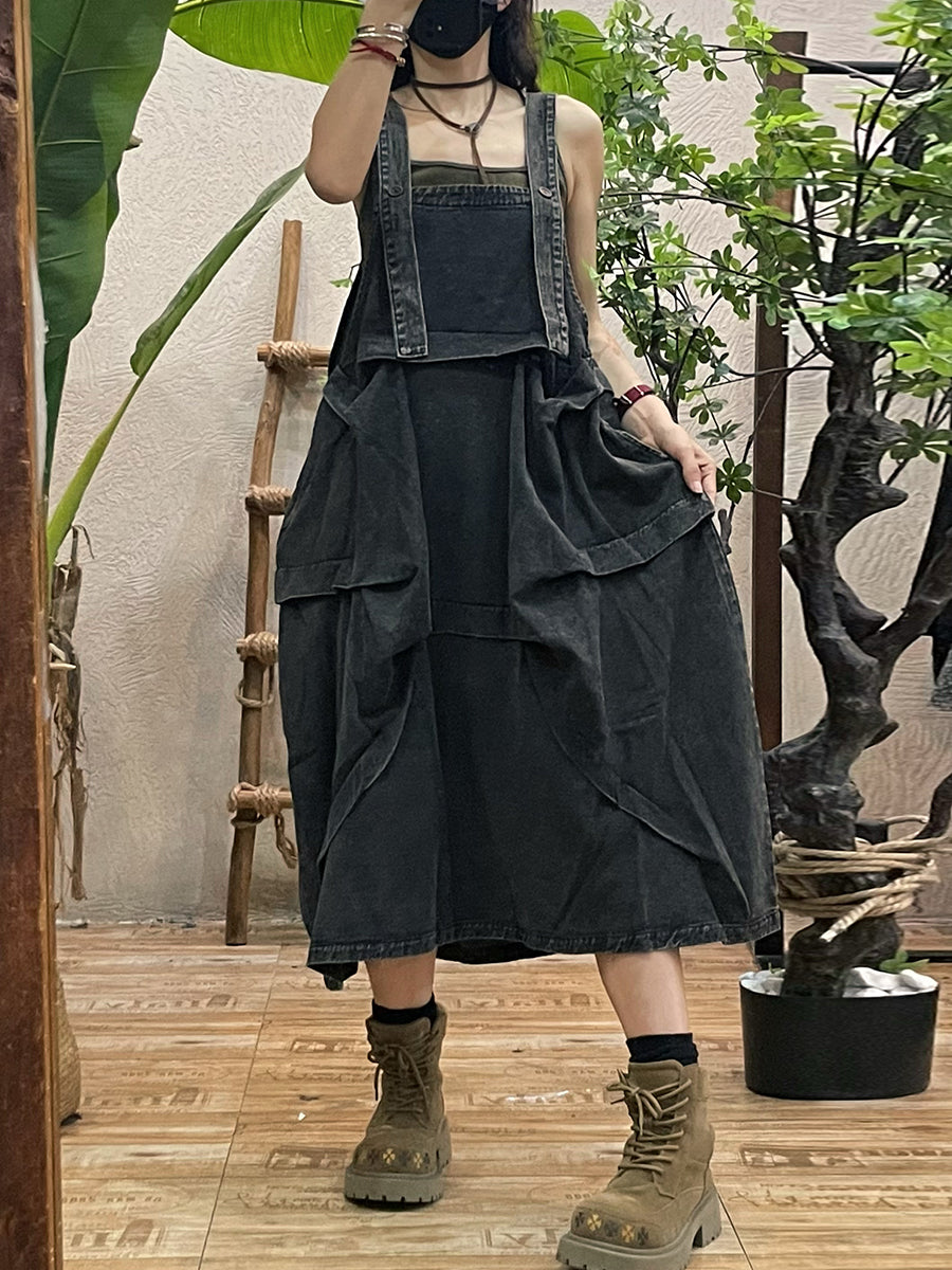 Women Autumn Pure Color Loose Denim Overall Dress