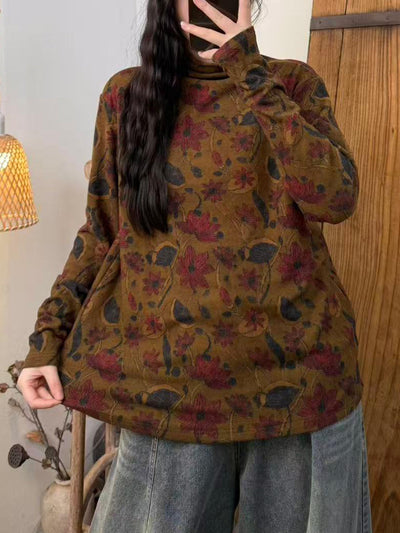 Women Autumn Artsy Flower Turtleneck Cotton Blouse