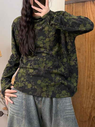 Women Autumn Artsy Flower Turtleneck Cotton Blouse