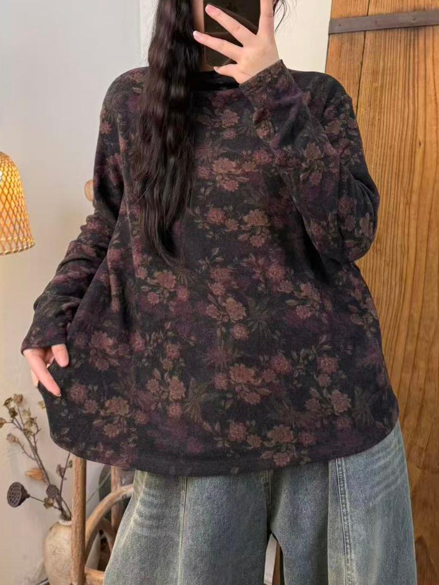 Women Autumn Artsy Flower Turtleneck Cotton Blouse