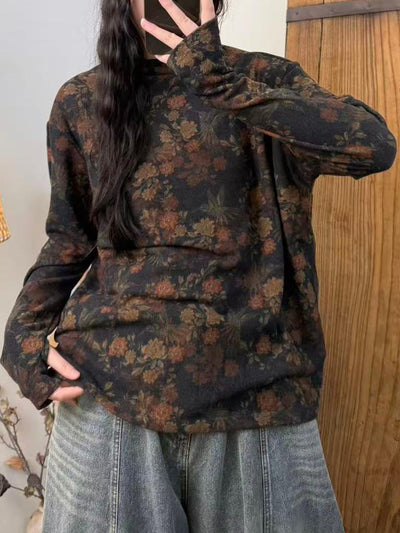 Women Autumn Artsy Flower Turtleneck Cotton Blouse