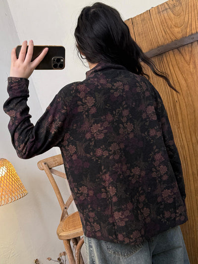 Women Autumn Artsy Flower Turtleneck Cotton Blouse