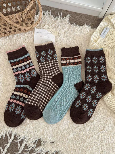4 Pairs Women Winter Vintage Flower Plaid Socks