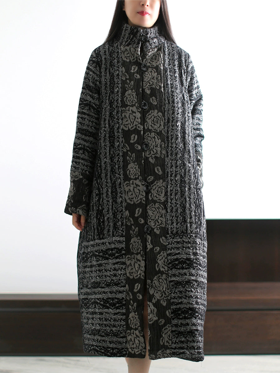 Women Winter Retro Print Stand Collar Padded Long Coat