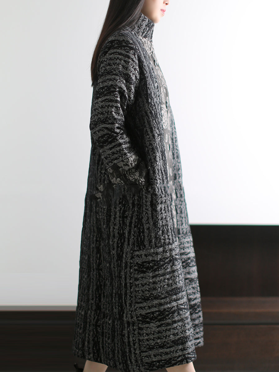 Women Winter Retro Print Stand Collar Padded Long Coat