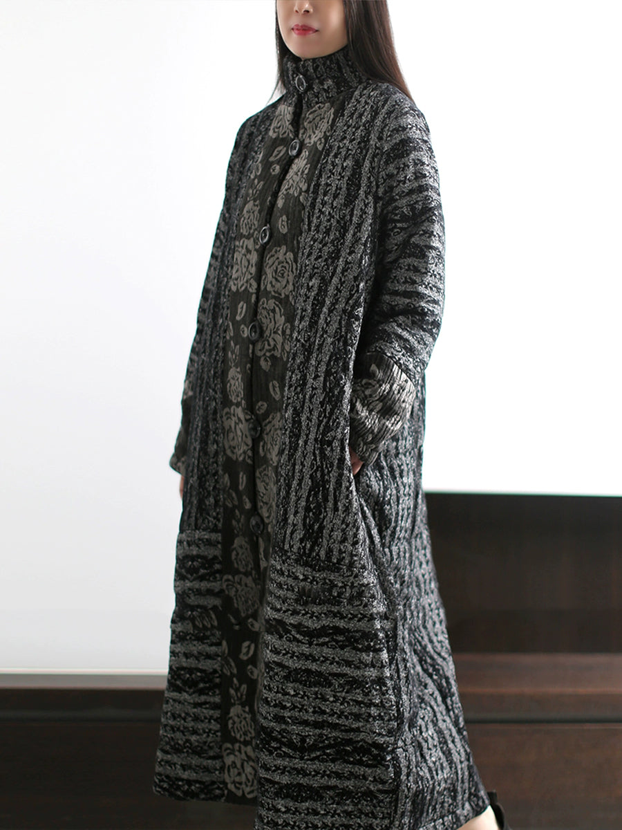 Women Winter Retro Print Stand Collar Padded Long Coat