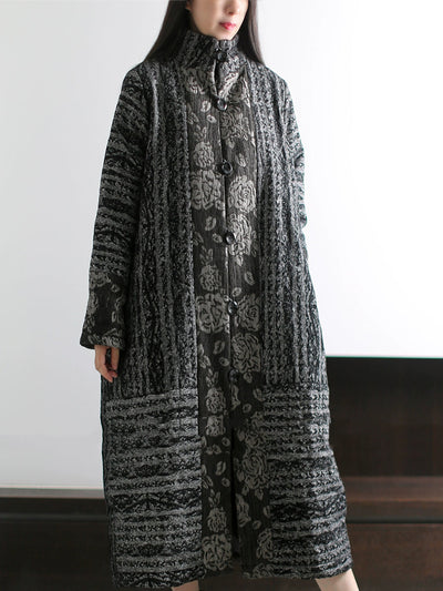 Women Winter Retro Print Stand Collar Padded Long Coat