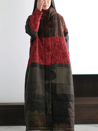 Women Winter Retro Spliced Stand Collar Padded Long Coat