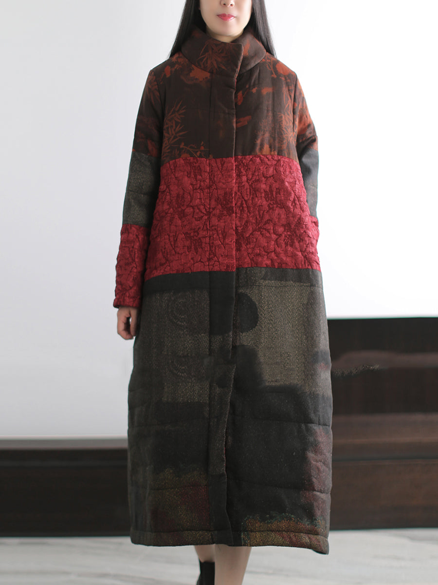Women Winter Retro Spliced Stand Collar Padded Long Coat