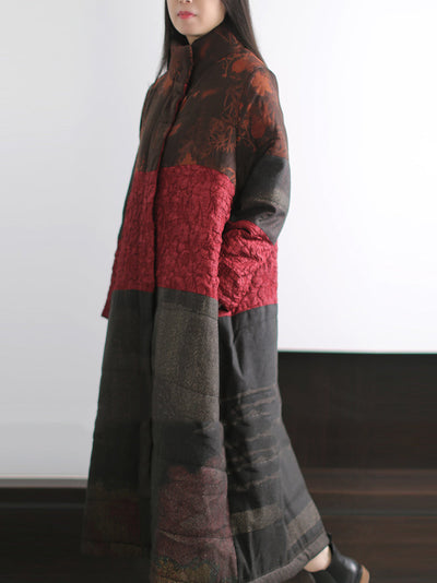 Women Winter Retro Spliced Stand Collar Padded Long Coat