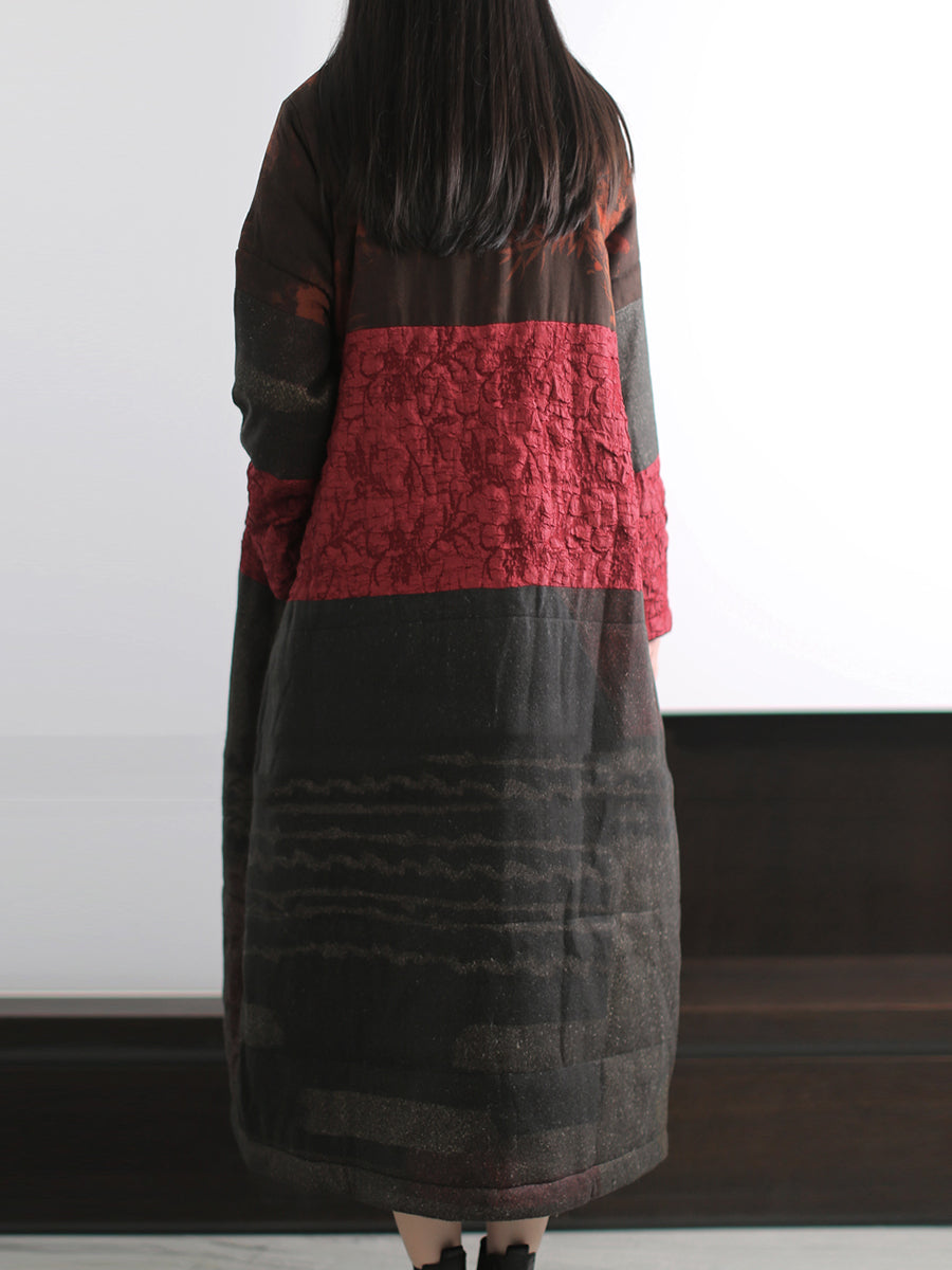 Women Winter Retro Spliced Stand Collar Padded Long Coat