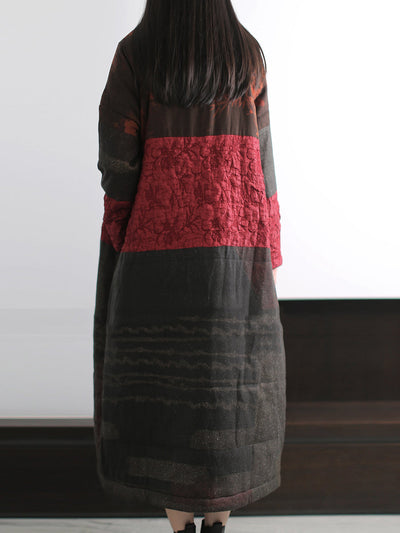 Women Winter Retro Spliced Stand Collar Padded Long Coat