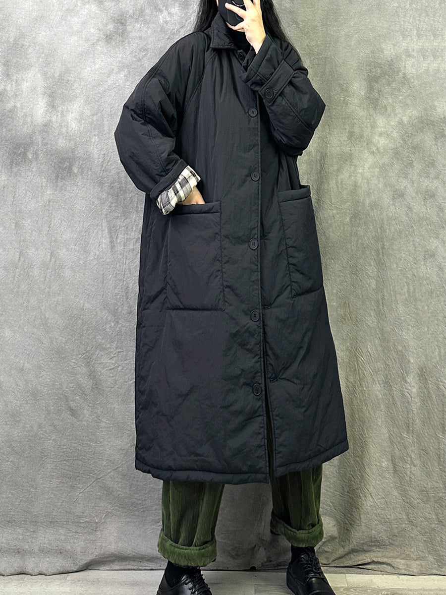 Women Winter Pure Color Turn-down Collar Long Padded Coat