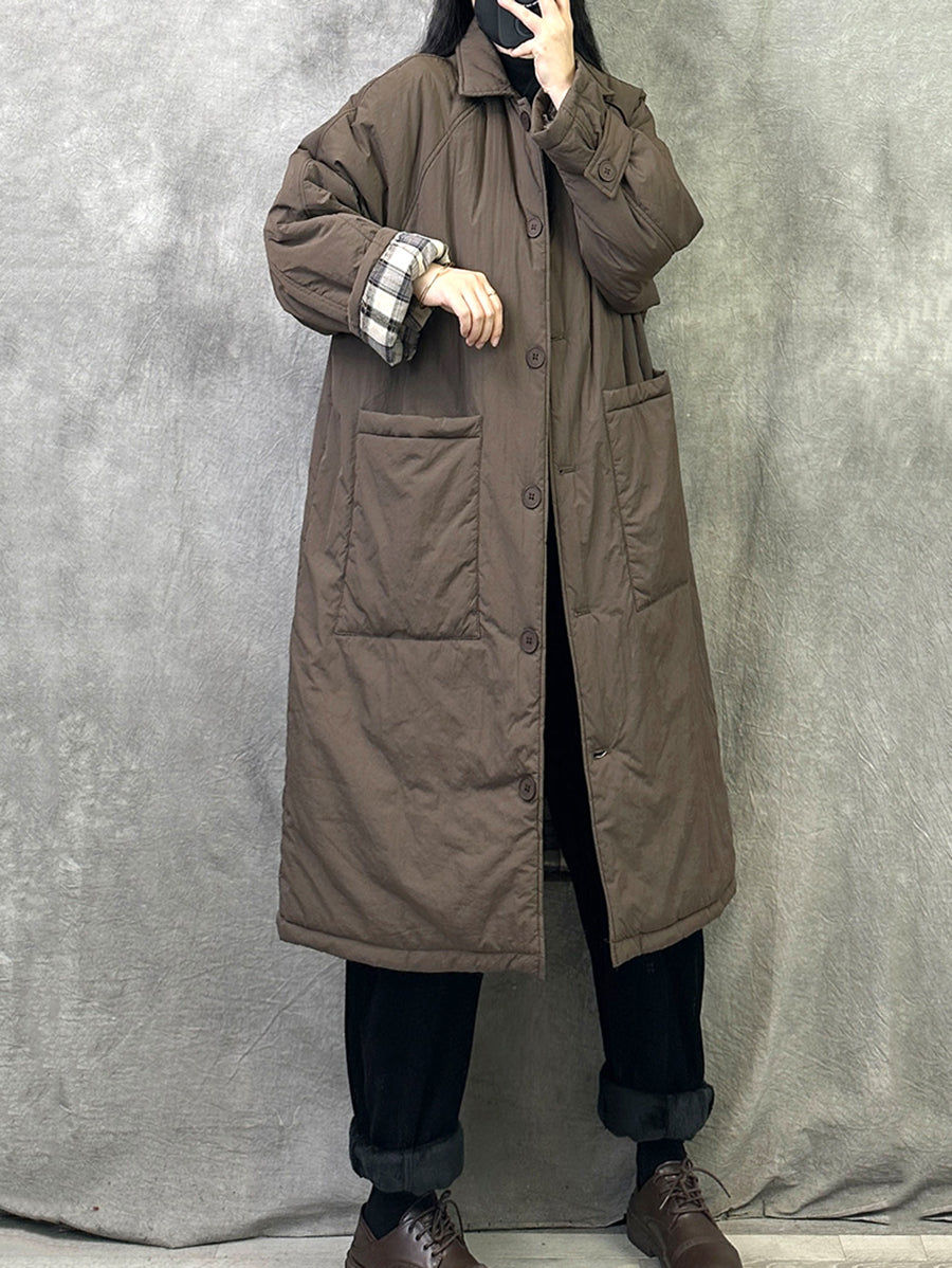 Women Winter Pure Color Turn-down Collar Long Padded Coat