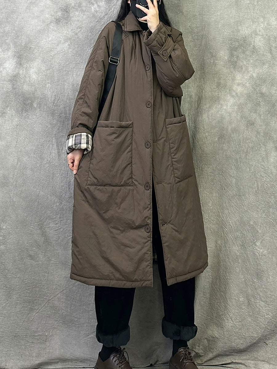 Women Winter Pure Color Turn-down Collar Long Padded Coat