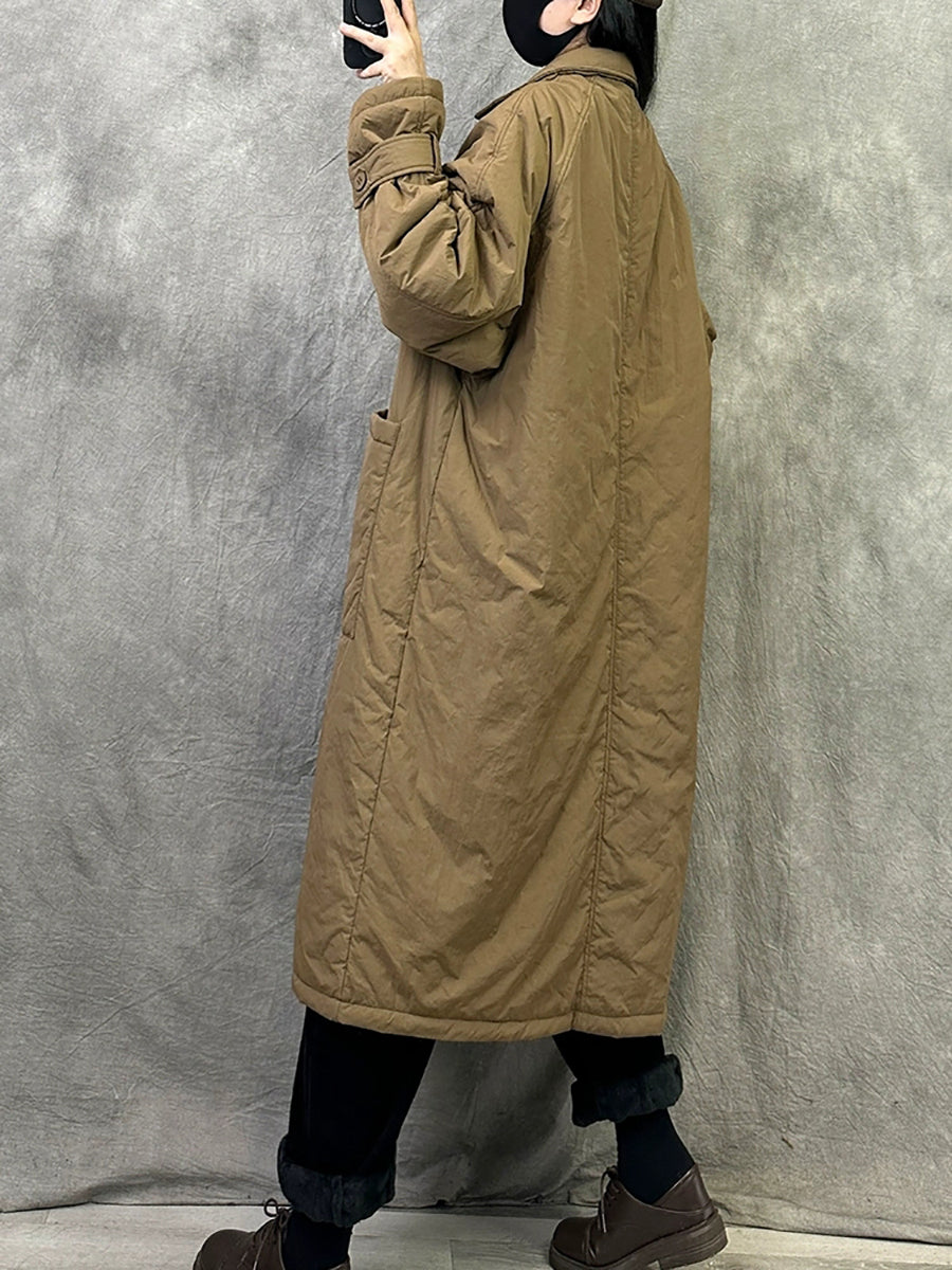 Women Winter Pure Color Turn-down Collar Long Padded Coat