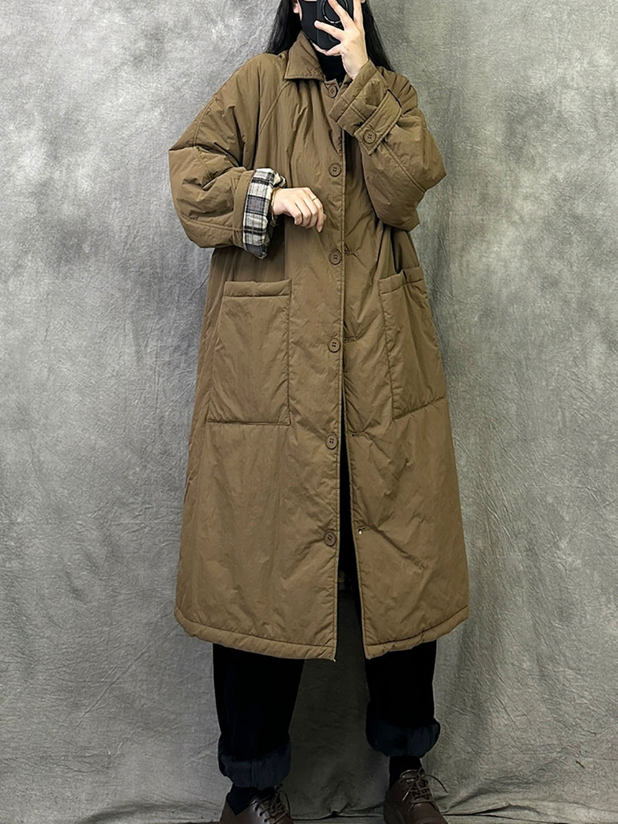 Women Winter Pure Color Turn-down Collar Long Padded Coat