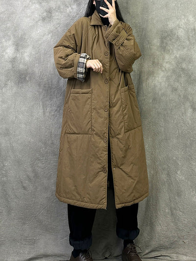 Women Winter Pure Color Turn-down Collar Long Padded Coat
