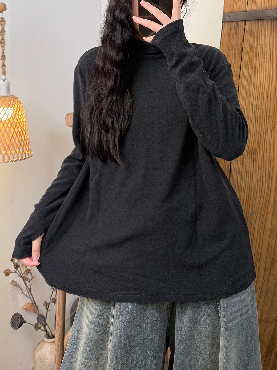 Women Autumn Casual Pure Color Turtleneck Blouse