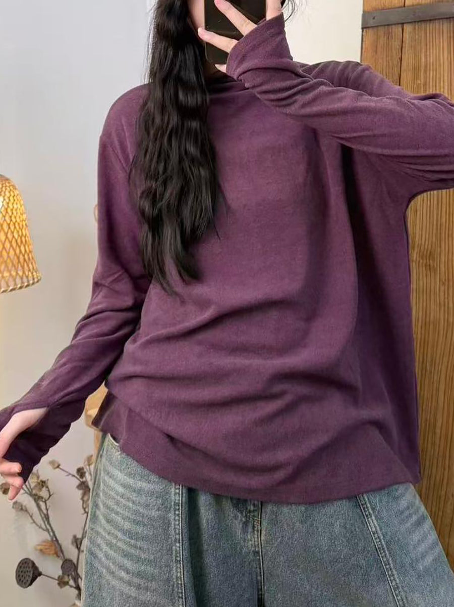 Women Autumn Casual Pure Color Turtleneck Blouse