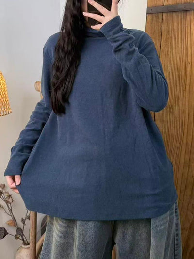 Women Autumn Casual Pure Color Turtleneck Blouse