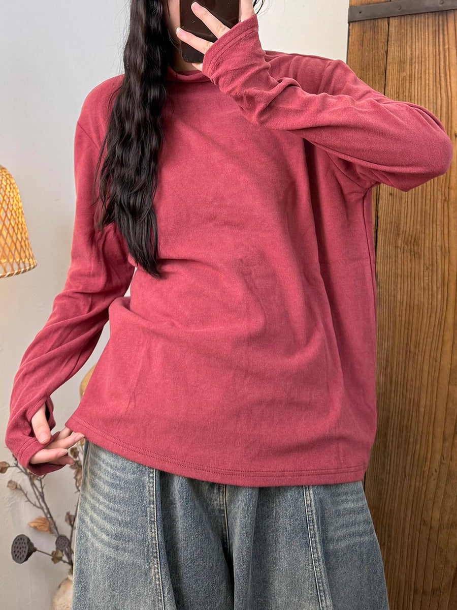 Women Autumn Casual Pure Color Turtleneck Blouse