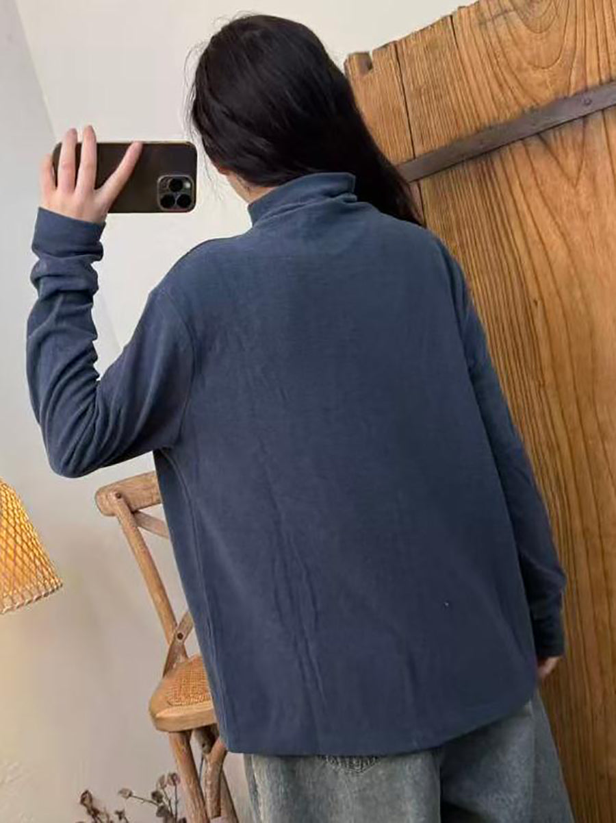 Women Autumn Casual Pure Color Turtleneck Blouse