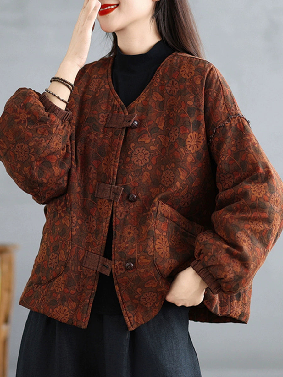 Women Retro Autumn Flower V-Neck Cotton Padded Coat