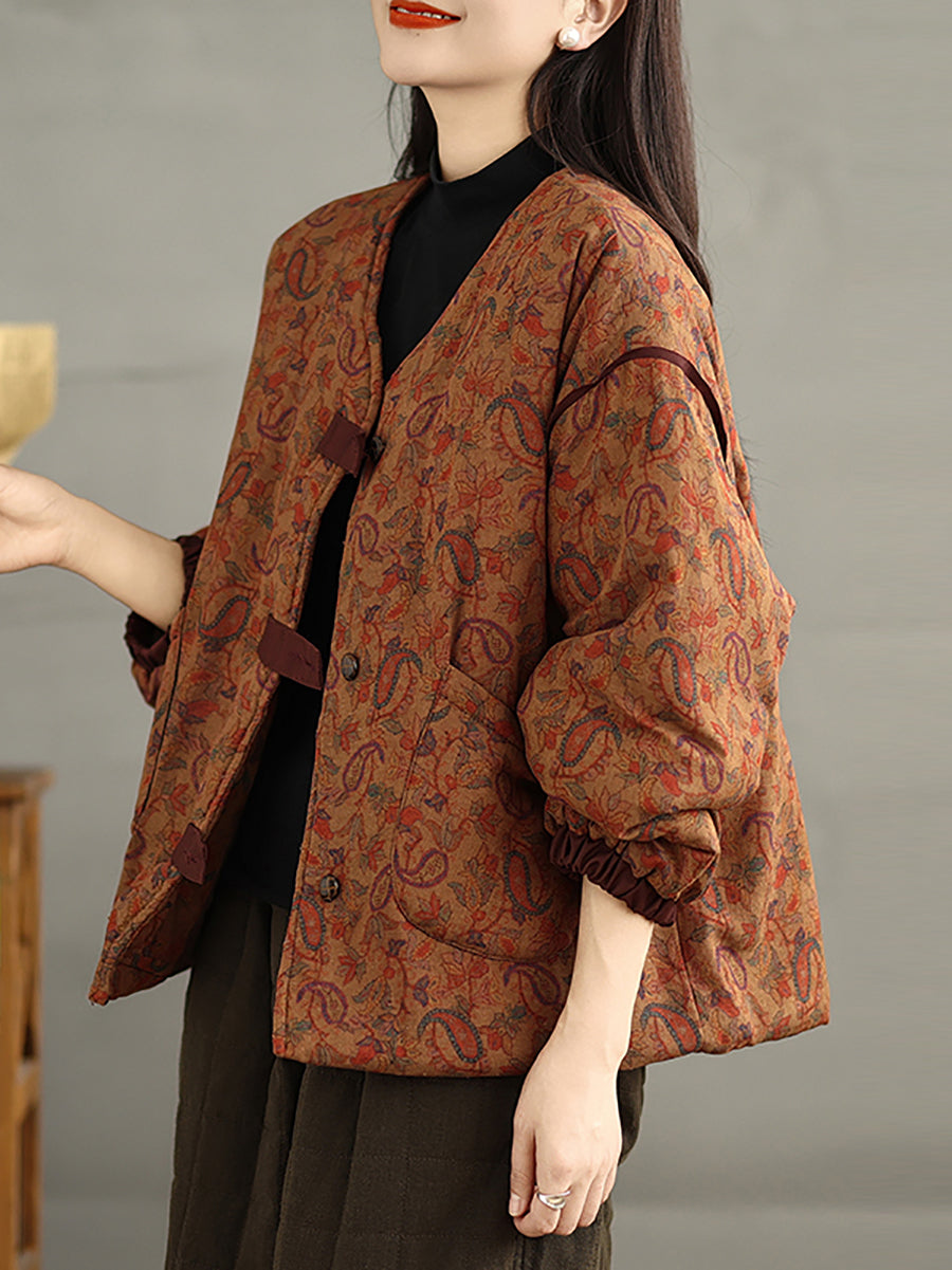 Women Retro Autumn Flower V-Neck Cotton Padded Coat