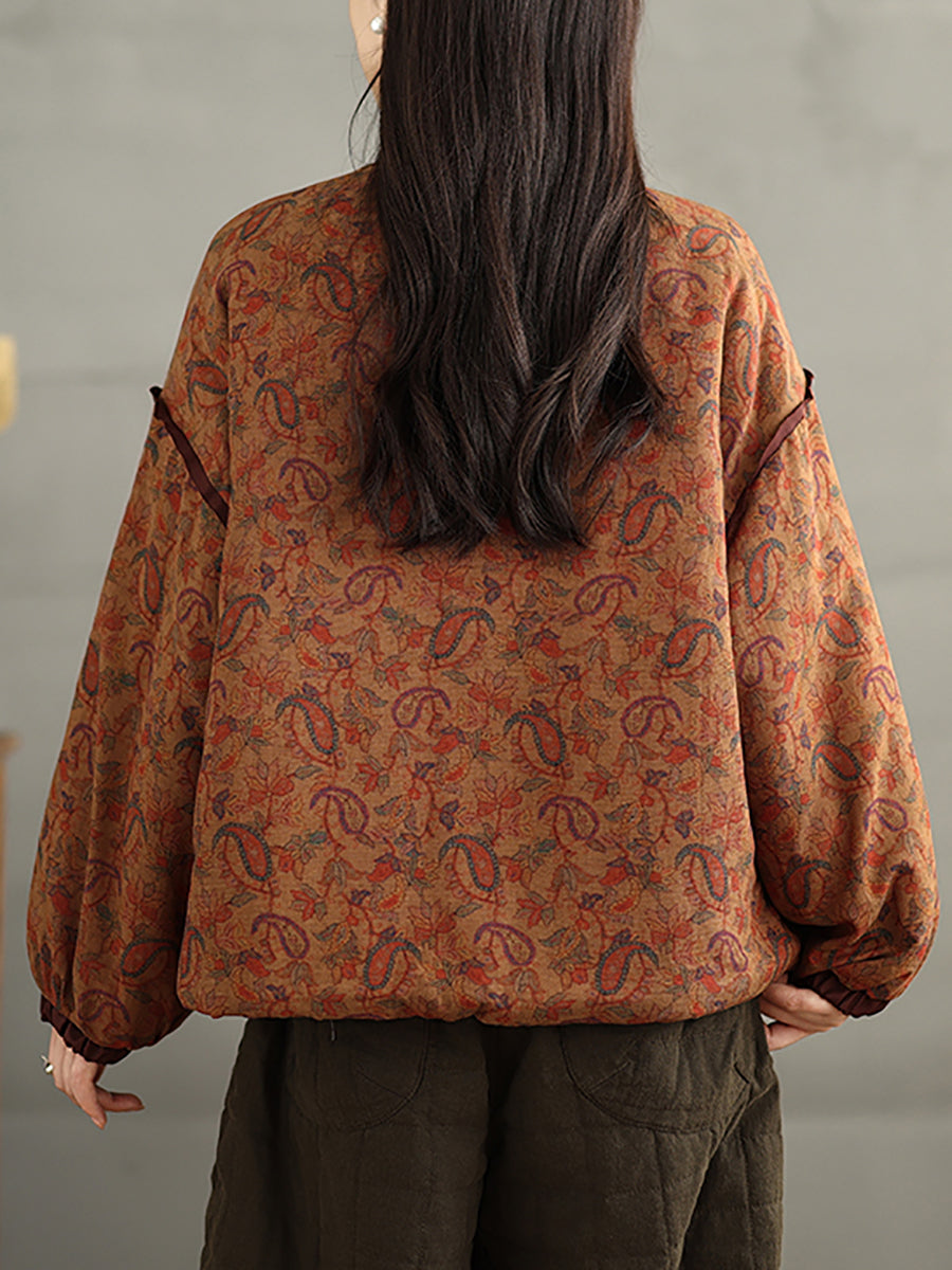 Women Retro Autumn Flower V-Neck Cotton Padded Coat