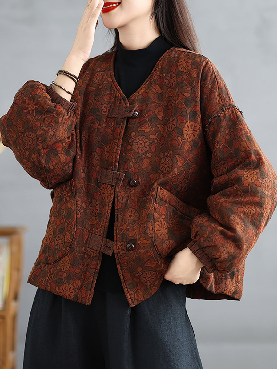 Women Retro Autumn Flower V-Neck Cotton Padded Coat
