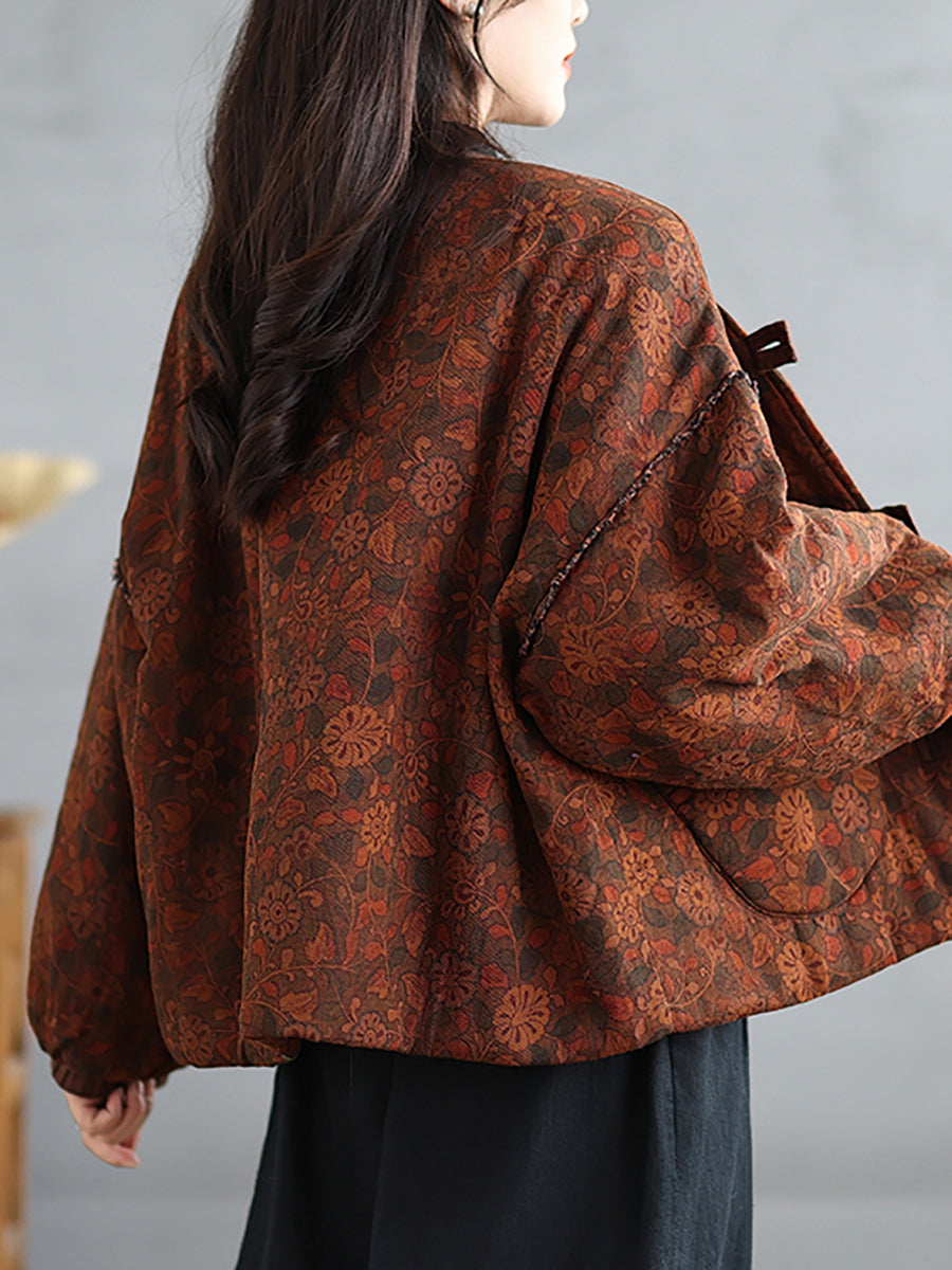 Women Retro Autumn Flower V-Neck Cotton Padded Coat