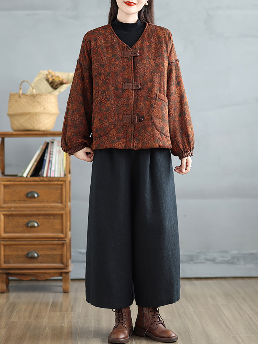 Women Retro Autumn Flower V-Neck Cotton Padded Coat
