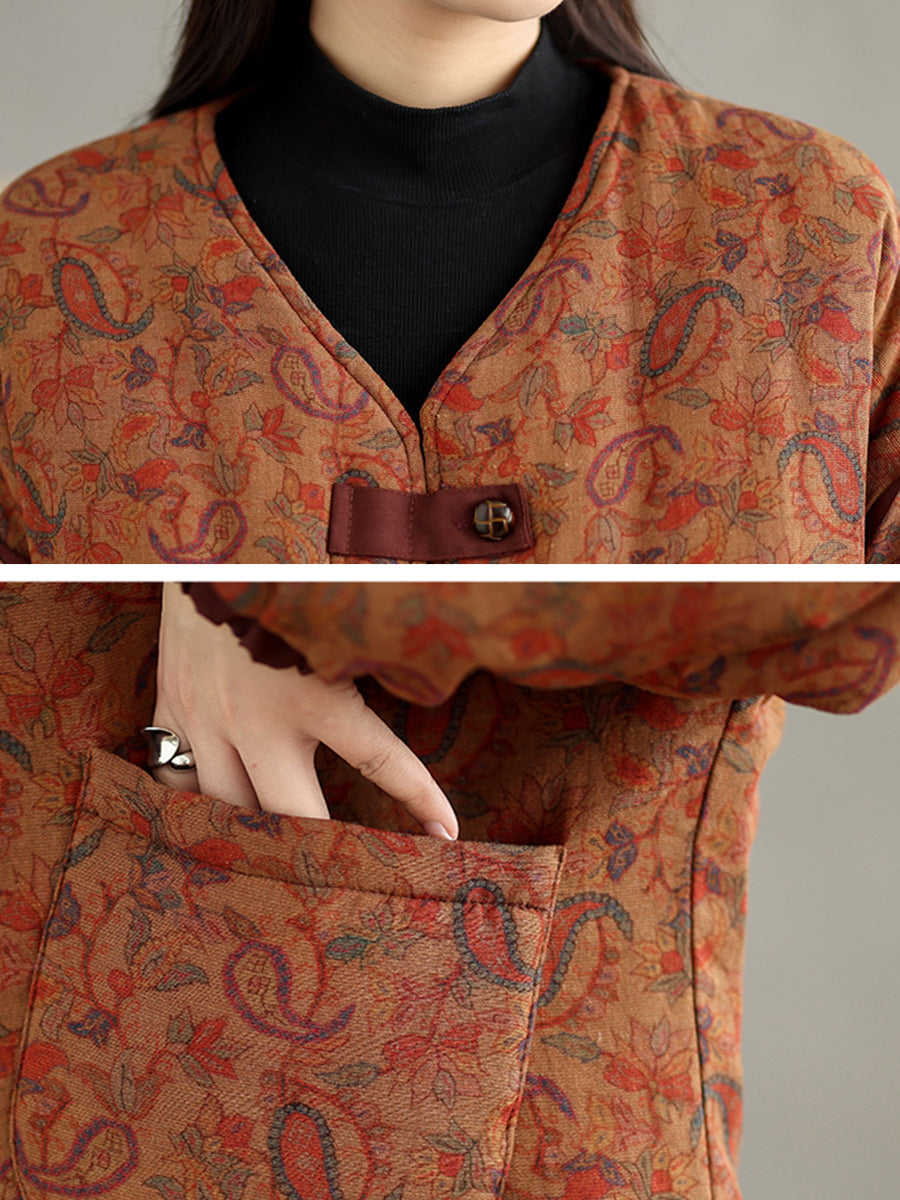 Women Retro Autumn Flower V-Neck Cotton Padded Coat