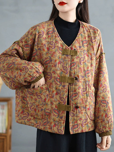 Women Retro Autumn Flower V-Neck Cotton Padded Coat