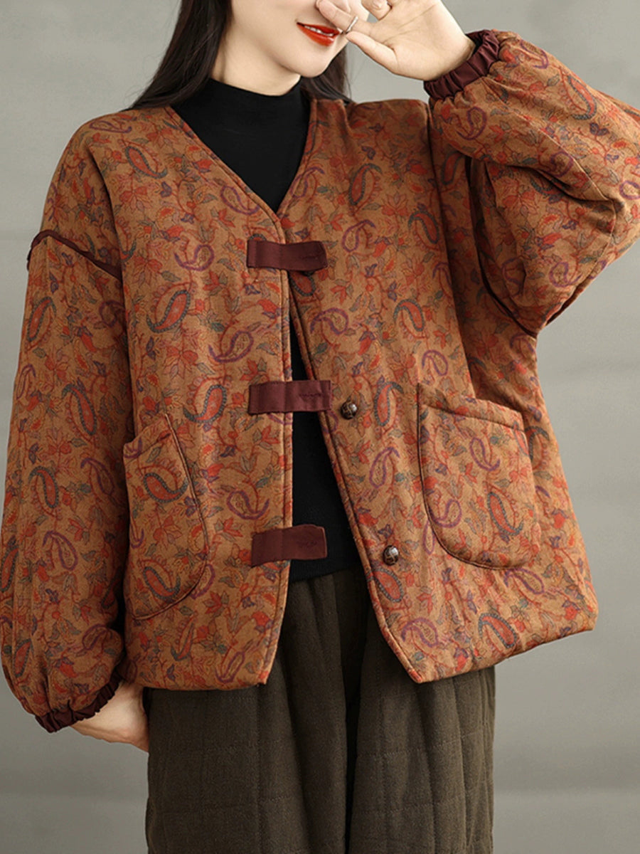 Women Retro Autumn Flower V-Neck Cotton Padded Coat
