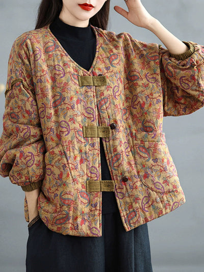 Women Retro Autumn Flower V-Neck Cotton Padded Coat