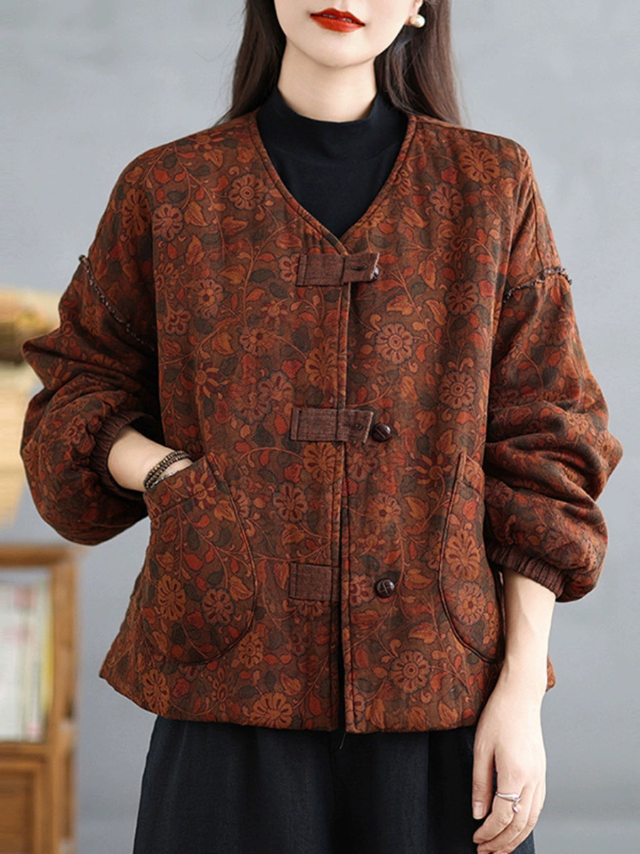 Women Retro Autumn Flower V-Neck Cotton Padded Coat